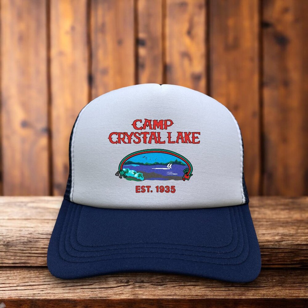 Friday The 13th Camp Crystal Lake Mens Trucker Hat Navy Snapback Horror Cap